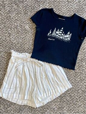 American Eagle Outfitters 2 Piece Set Black Crop Top and White Striped Shorts